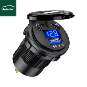 3 Ports Car Charger Socket Dual 45W PD Type C & 18W QC 3.0 USB Charger Socket Voltmeter Button Switch