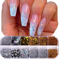 Ensemble de 12 paillettes holographiques en résine pour ongles, effet 3D laser, papillons, feuilles d'érable, flocons pour ongles, décoration d'ongles de luxe DIY