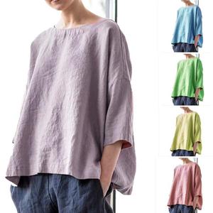2024女性服コットンリネンルーズトップ多目的な芸術的レトロブラウス - Product Image 1