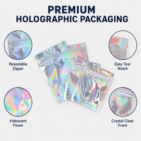 Sacs en Mylar holographiques personnalisés en gros, pochettes plates imprimées, emballages à trois soudures latérales, magnifiques emballages holographiques