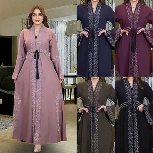 Modest Elegant Front Open Muslim Kimono Abaya Western Style Long Sleeve With Stone Islamic Clothing New Model Dubai Abaya