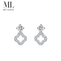 Boucles d'oreilles pendantes Mylove personnalisées en zircon fin, argent sterling 925 plaqué rhodium, solitaire CZ ajouré trèfle à quatre feuilles, vente en gros
