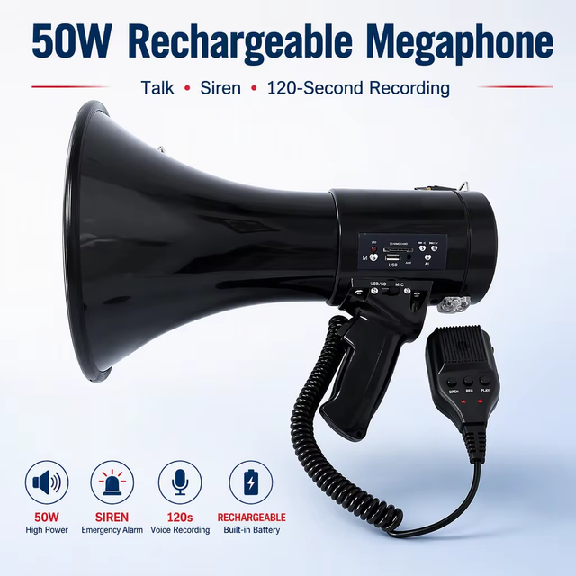 ABS Outdoor High Power Rechargeable Megaphone 50W Megaphone Battery Rechargeable Recording Megaphone with SD Card/USB/AUX Port