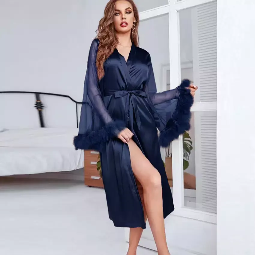 OEM New Design women ostrich feathers Sleepwear casual Pajamas Sets Long Sleeve Satin Silk Pajamas with Feathers