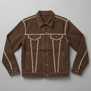 Blouson en cuir marron pour homme, style motard, brodé, réversible, boutonné sur le devant, avec poignets matelassés et poches poitrine, idéal pour l'automne - Product Image 1