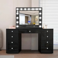 Table de toilette de luxe en bois noir avec miroir LED, meuble de maquillage pour chambre à coucher