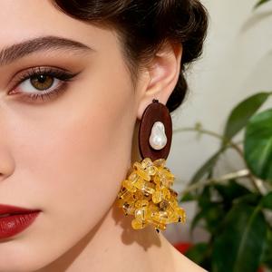 Boucles d'oreilles pendantes en bois et citrine avec perle naturelle, style vintage pour femme, usage quotidien, bijoux 2026 - Product Image 1