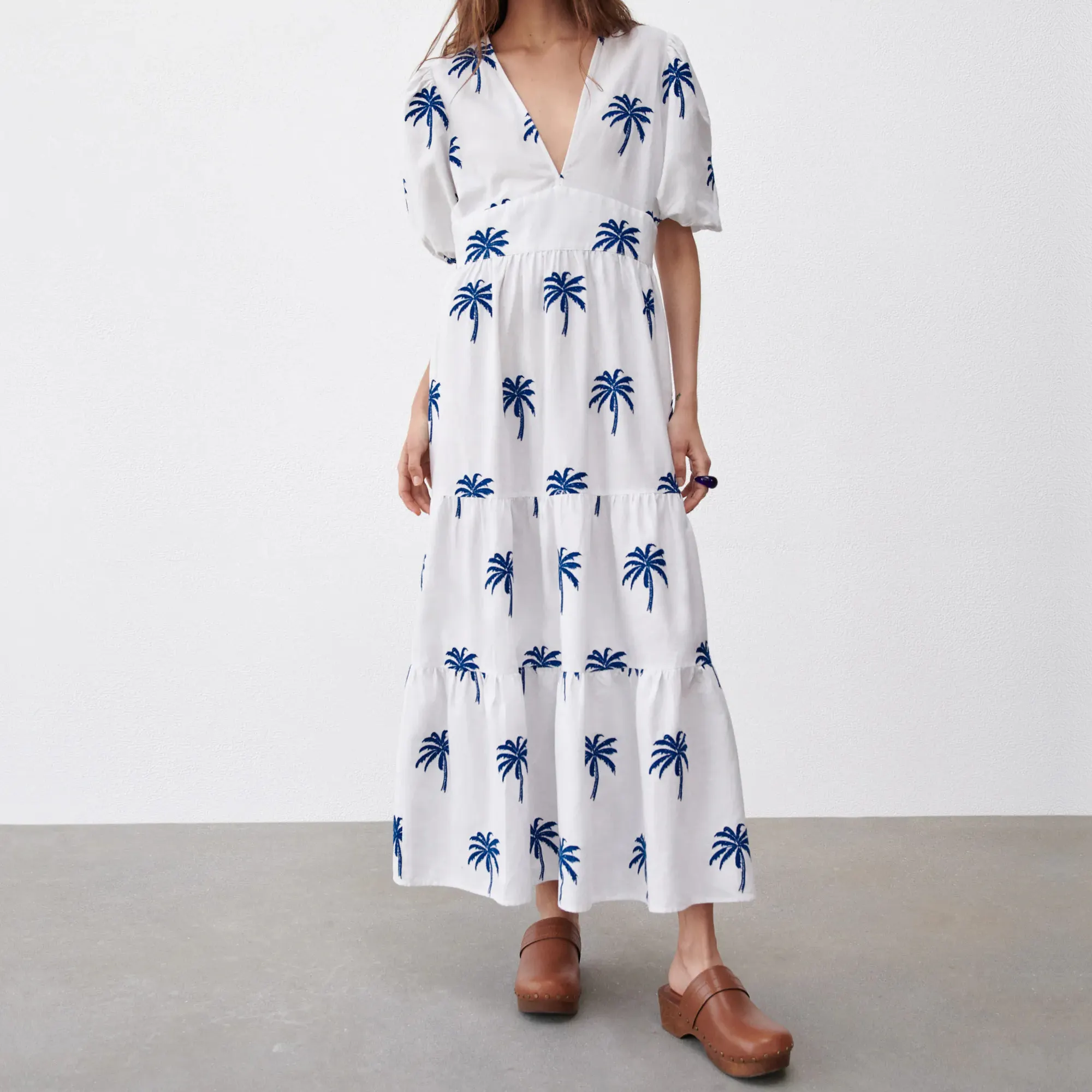 Long Maxi Dresses Sundress Summer Clothing Cotton Linen Puff Sleeve Custom Coconut Tree Embroidered White Maxi Women Beach Dress