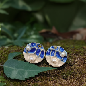 Fashion <b>Stud</b> <b>Earrings</b> 316L Stainless Steel PVD Gold Plating Sustainable Resistant <b>Blue</b> Enamel Pearl Accents - Product Image 3
