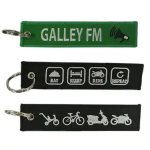 Promotion gift company logo name motorcycle car embroidered key holder ring chain fabric tag custom embroidery keychain