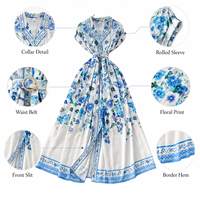 Robe longue personnalisée pour femme à imprimé floral, style vintage pour vacances à la française, à manches courtes, taille cintrée, coupe trapèze, décontractée - Fabricant