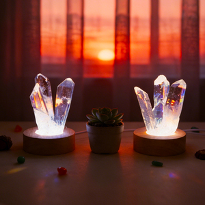 Wholesale USB Led Night Light Natural Healing Stone Clear Quartz Point <b>Crystal</b> Lamp with Wooden Base - Product Image 4