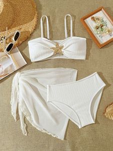 Children Spaghetti Strap Bikini Set Golden Starfish Detail Mesh Wrap <strong>Skirt</strong> Beach <strong>Swimming</strong> <strong>Costume</strong> - Product Image 2