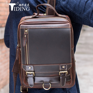 Tiding Men's <b>Backpack</b> Genuine Leather <b>20L</b> Multifunctional Outdoor Travel Schoolbag Solid Color Soft Handle - Product Image 3