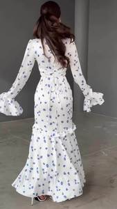 Abaya pour femme R-612, modeste, respirante, en polyester, printemps, motif floral délicat, volants, longueur cheville, coupe ajustée - Product Image 5