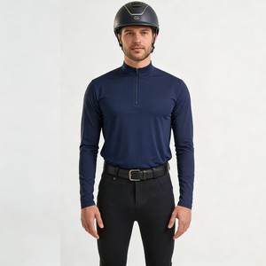 Camiseta de equitación para hombre, personalizada al por mayor, de manga larga, ligera, que absorbe la humedad, azul marino, con cremallera de 1/4, cuello alto, corte regular - Product Image 1