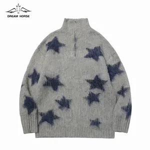 AiNear venta al por mayor diseño de logotipo personalizado OEM y ODM invierno manga larga cuello alto estrella cremallera para hombres suéter de punto de lana