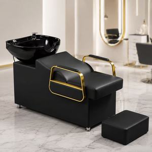 Luxury Hair Salon Furniture Set Modern Black Gold Styling Barber Chair PU Leather 360 Swivel Smart LED <b>Mirror</b> Shampoo Bed - Product Image 4