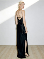 Robe midi en acétate importé haute couture, style célébrité sexy dos nu, bretelles spaghetti, fente en cristal, exquise OEM, printemps été