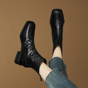 Botas Clásicas de Cuero con Punta Cuadrada, Impermeables, de Color Sólido, Estilo Retro, con Tacón Cuadrado y Cremallera Trasera - Product Image 2