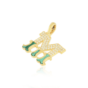 จี้เพชรและมาลาไคต์รูปตัวอักษร M สไตล์โกธิคในทองคำสีเหลือง จี้ตัวอักษร 'M' สุดหรูหราประดับด้วยทองคำสีเหลือง 18k - Product Image 2