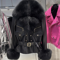 Veste moto courte en cuir véritable pour femme avec ceinture, col châle en fourrure de renard, style oversize, pour l'automne