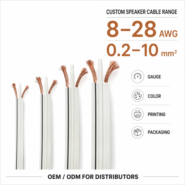 OEM ODM Flat Speaker Cable 8-28AWG 0.2-10mm² Flexible 2 Core Audio Wire for Home Theater HiFi Systems