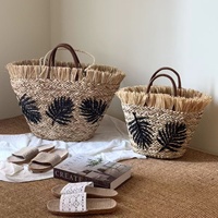 Sac à bandoulière en paille brodé de feuilles de palmier fait main, grande capacité, sac cabas style bohème pour femme