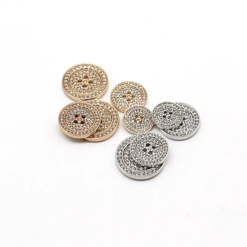 Fashion Round Shape 4 Holes FlatBlack Metal Engraved Rhinestone Crystals Buttons For Sweater Coat Women Sewing Button
