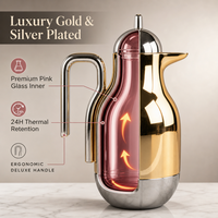 Carafe à café Dallah de luxe plaquée or 1000 ml, théière arabe traditionnelle avec doublure intérieure unique en verre rose, carafe à café isolée