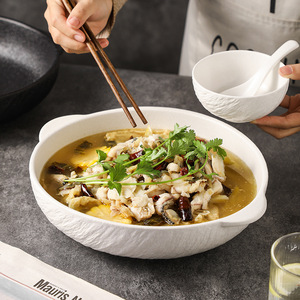 Assiettes à dîner <span class=keywords><strong>de</strong></span> forme ronde <span class=keywords><strong>de</strong></span> 12.2 pouces bol à double oreille en grès japonais Texture <span class=keywords><strong>de</strong></span> roche bol à soupe profond en céramique avec poignée - Product Image 3