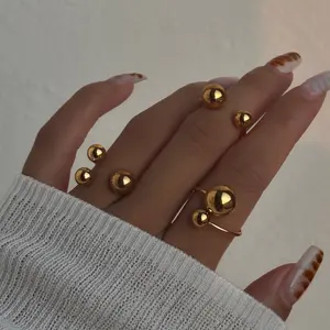 Dazan cincin terbuka bola emas minimalis wanita, baru musim panas trendi 18k Pvd berlapis emas baja tahan karat desain Nordik dipoles
