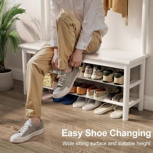 Moderno perchero blanco de estilo mid-century moderno con 11 ganchos, estantes de almacenamiento de 2 niveles, banco de madera 3 en 1 <span class=keywords><strong>para</strong></span> <span class=keywords><strong>recibidor</strong></span> y zapatero de sala de estar - Product Image 6