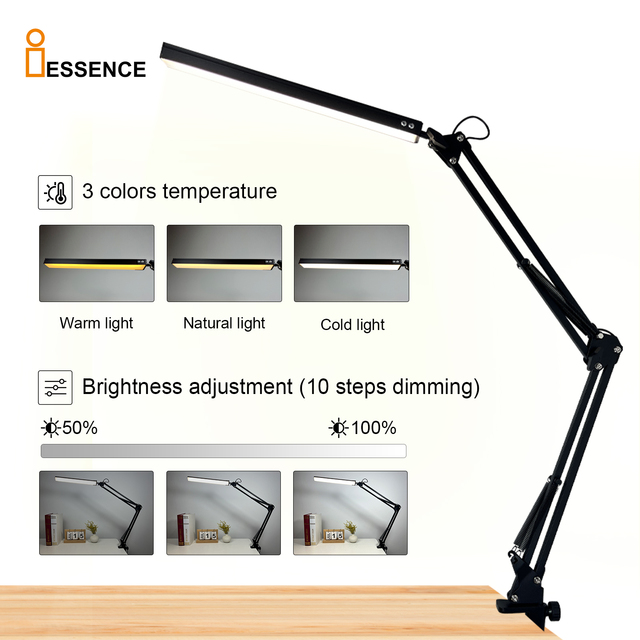 Nail Desk Lamp with Clamp Long Arm Metal 3 Colors Dimmable LED Manicure Tattoo Reading Light USB Powered Eye Caring Lamp