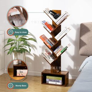 Rustic Wooden <b>Tree</b>-Shaped Bookshelf Standing Floor <b>Book</b> Storage Rack For Bedroom Study Decorative <b>Shelf</b> With Sturdy Base - Product Image 1