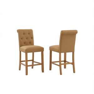 Set di 2 sgabelli da bancone Leviton Tufted in legno massello color beige, mobili per sala da pranzo - Product Image 1
