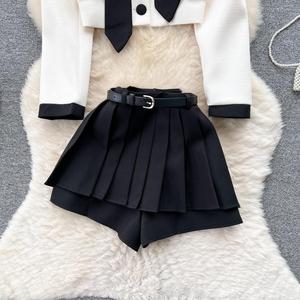 Neues Herbst-Winter-<span class=keywords><strong>Set</strong></span> für Damen: Farbblock-Shorts mit Schleifenknoten und Plissee-Rock - Product Image 4