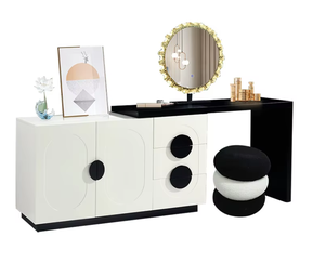 <span class=keywords><strong>Commode</strong></span> personnalisée à <span class=keywords><strong>3</strong></span> <span class=keywords><strong>tiroirs</strong></span>, tabouret donut, design moderne, panneau en bois, meuble de rangement pour salle de bain et chambre, miroir éclairé, acier inoxydable - Product Image 1