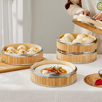 Panier vapeur en bambou à 2 niveaux de 10 pouces avec anneau en acier inoxydable pour la cuisson de dim sum, de bao buns et de raviolis, vente en gros Natural House