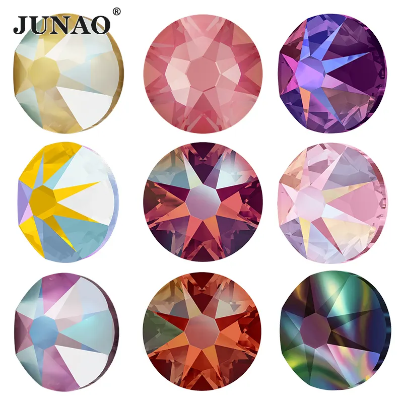 Junao SS6-SS40 8 grandes 8 pequenos 16 corte facetas ab, strass de cristal de vidro, pedrinhas de strass com parte traseira reta para joias