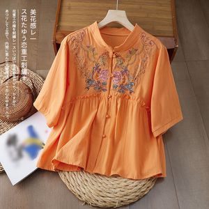 Traditional Chinese Embroidered Cotton Linen Top Women Short Sleeve Loose Fit Purple Ethnic Style Button Front Shirt - Product Image 4