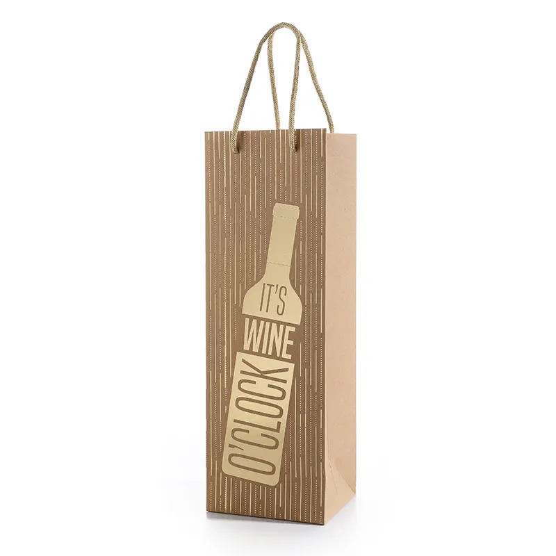 Bolsa de papel de embalaje para botellas de vino, Papel kraft marrón con logotipo personalizado, bolsas de papel con mango de cuerda de nailon