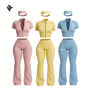 Ensemble de vêtements de sport pour femmes personnalisé en 3 pièces, veste courte à fermeture éclair à manches courtes, pantalon évasé, bandeau, <span class=keywords><strong>tenue</strong></span> de yoga, <span class=keywords><strong>tenue</strong></span> de sport, <span class=keywords><strong>tenue</strong></span> de gym - Product Image 1