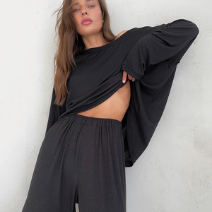 Ladymate ODM/OEM Ropa Dormi Pijamas y pantalones de manga larga para mujer Acanalado Seda de hielo Ropa de punto de dos piezas Ropa de dormir Loungewear - Product Image 4