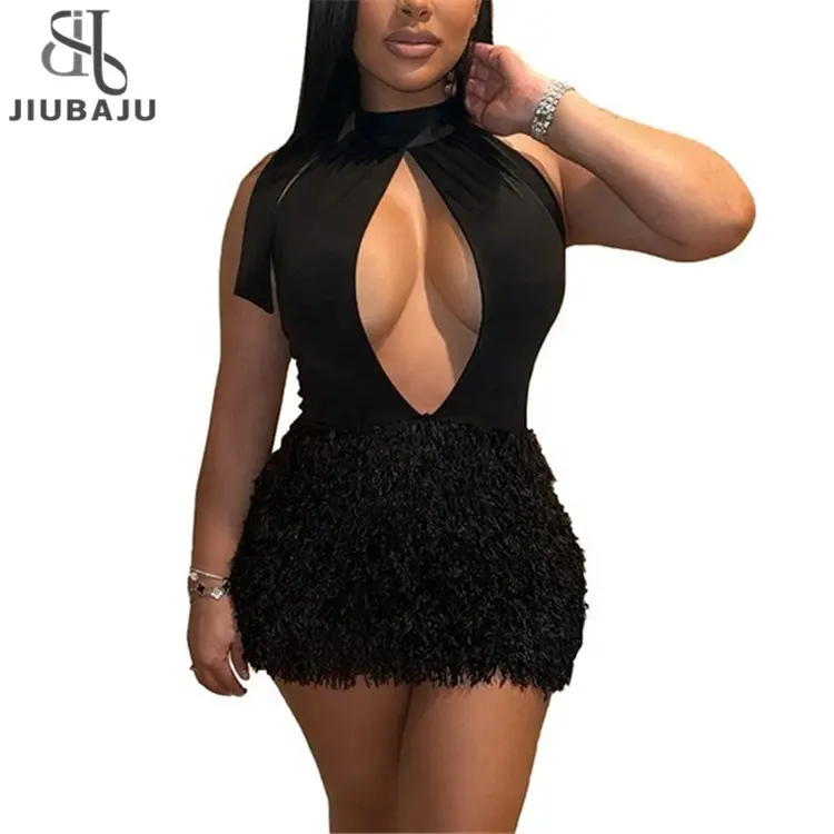 Gaun wanita perca berbulu tanpa lengan Bustier potongan leher halter seksi cantik hitam