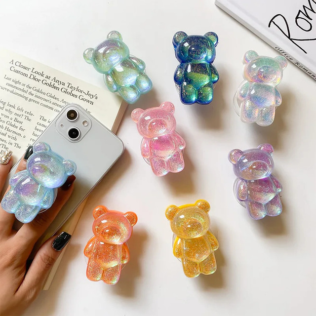 New Arrival Holographic Cute Bear Mobile Phone Grip Cartoon Clear Acrylic Phone Socket Stand