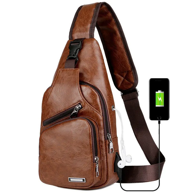 Cheap waterproof PU chest bags with USB charging port fashion vegan leather messenger bag for mens bags chest shoulder