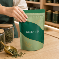 Pochette à fond plat en aluminium imprimée sur mesure avec fermeture éclair à pression pour thé vert, sachet refermable en aluminium en gros