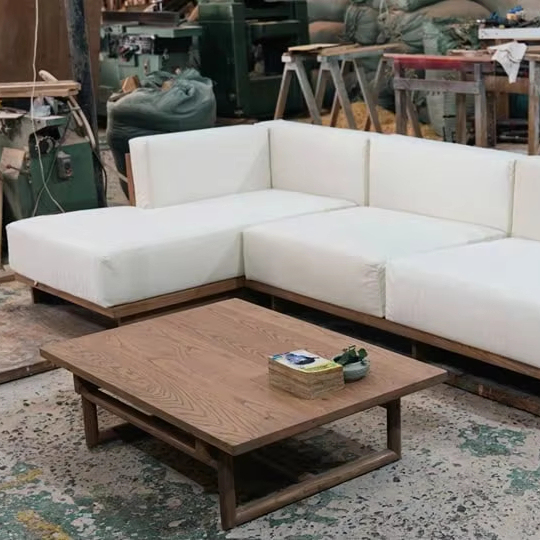 Modern Minimalist Living Room Furniture Sofa Set Nordic Style Solid Wood Frame Linen Upholstered Couch