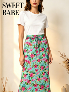 SWEET BABE Falda informal de verano con cintura ajustable y estampado floral y de flamencos para mujer, talla grande - Product Image 1